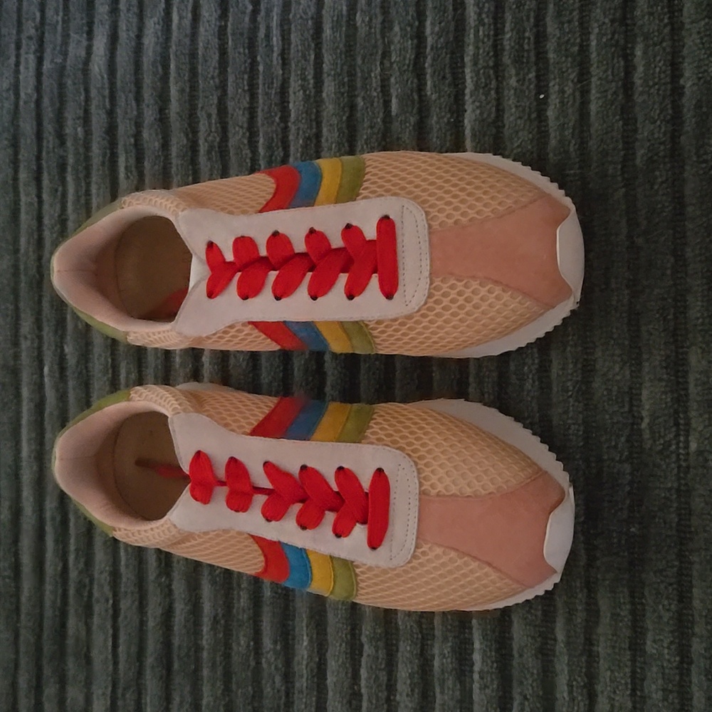 Charlotte Stone Peach Mesh Sneakers with Red, Blue & Yellow Stripes